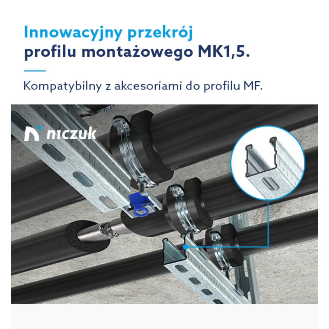 Innowacyjny przekrój profilu montażowego MK1,5 służącego do budowania układów zamocowań.